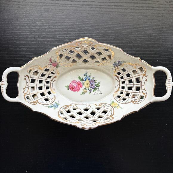 Antique Dresden Carl Thieme Signed Lattice Oval Bowl w/ Porcelain Flowers READ - Picture 10 of 12